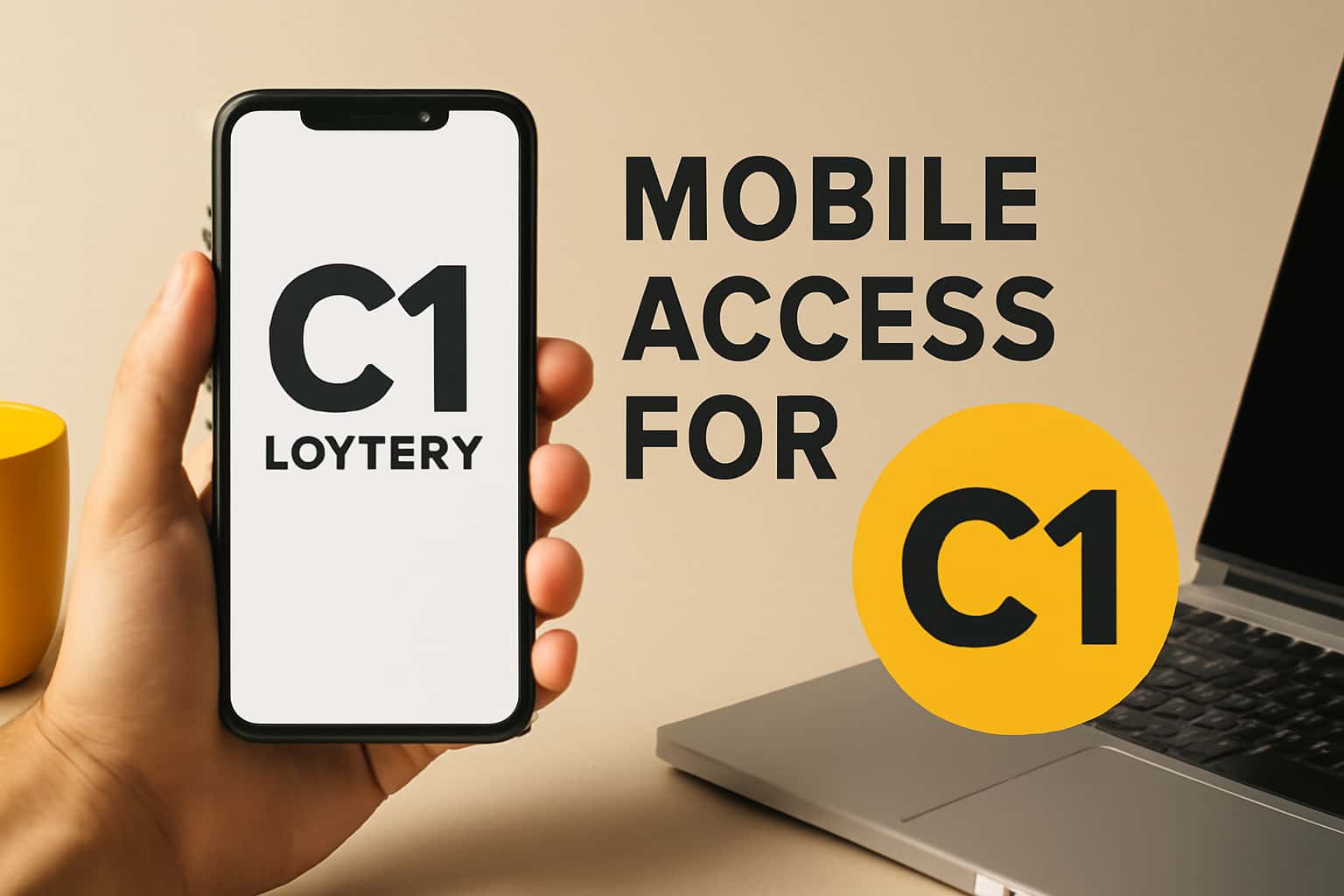An informational display showing Mobile Access for C1 Lottery with a futuristic design.