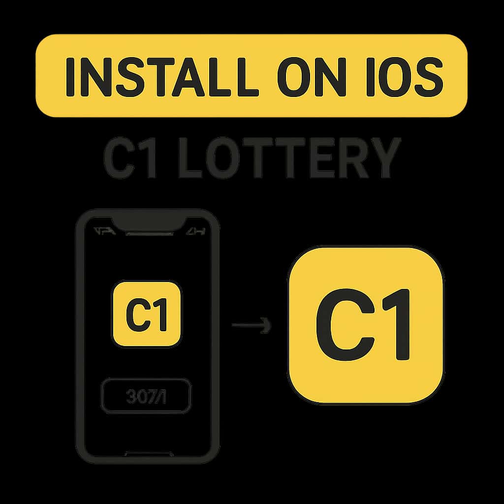 Illustration showing installation steps for the C1 Lottery app on iOS.