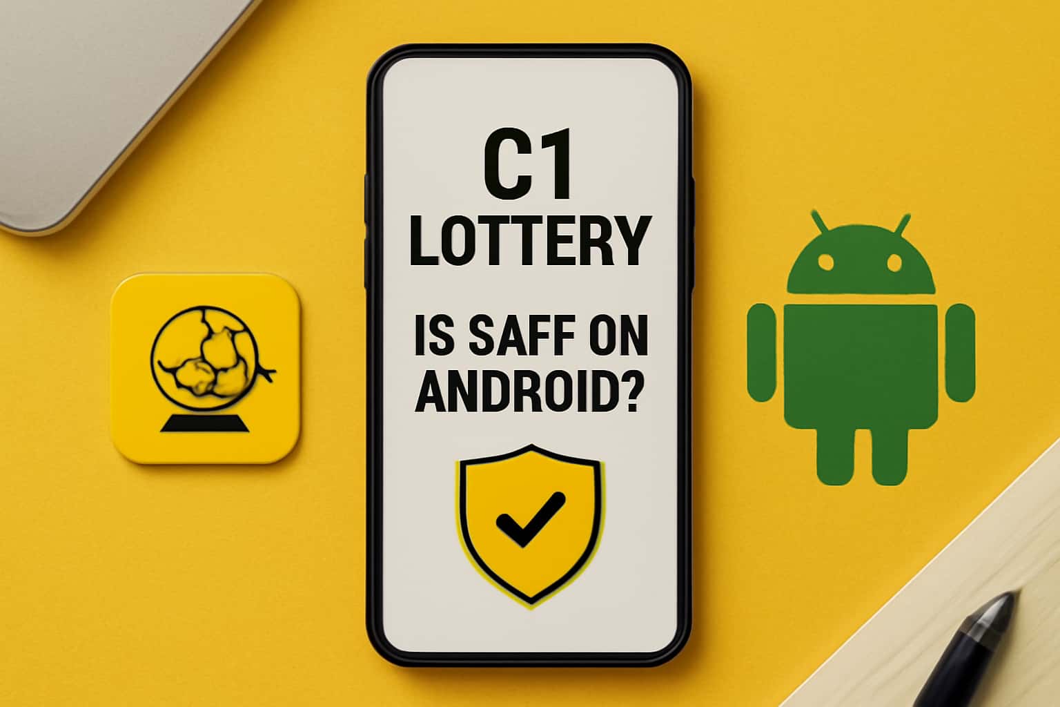 An informational scene depicting the safety of the C1 Lottery app on Android.