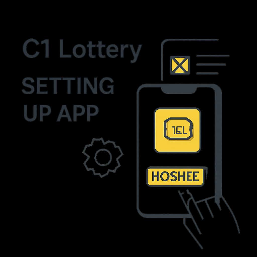 Illustration showing steps for setting up the C1 Lottery app.